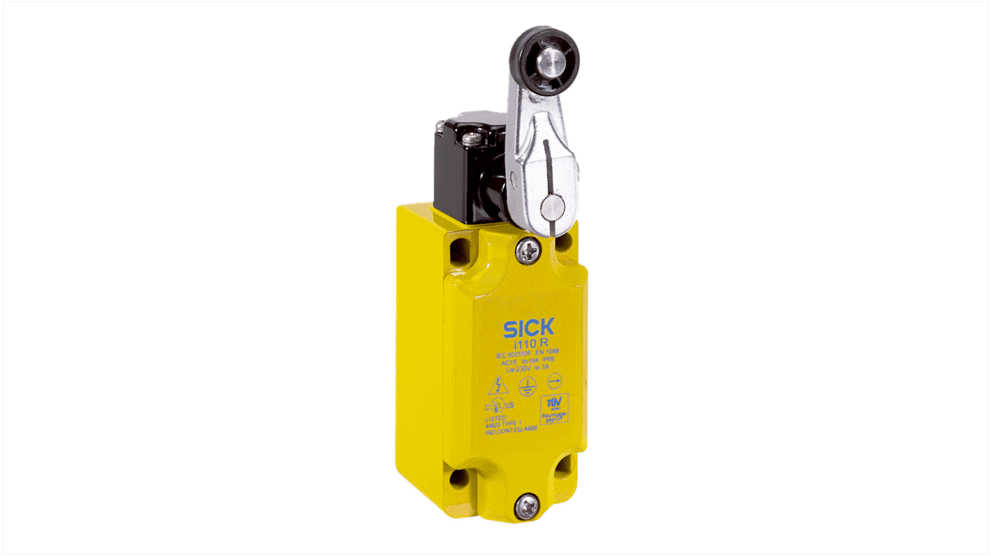 Interruttore di interblocco di sicurezza Sick i110RA223 con leva girevole, 2NA, 2NC, grado di protezione IP66, dimensioni 133 x 43 x 40 mm.