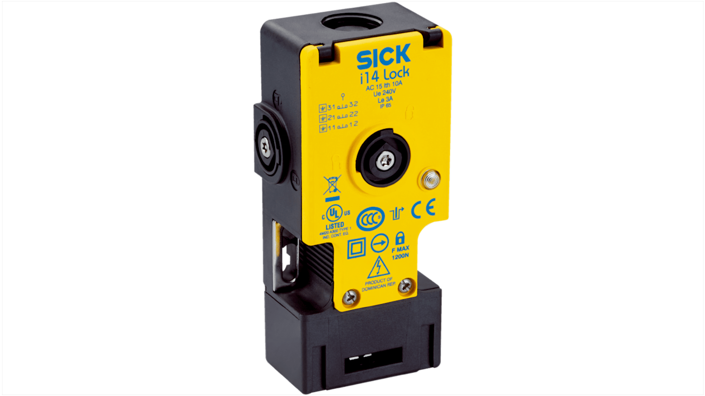 Interruttore di interblocco di sicurezza elettromagnetico Sick i14-M0213, 2NC/1NA, grado di protezione IP65, dimensioni 120 x 35 x 58 mm.