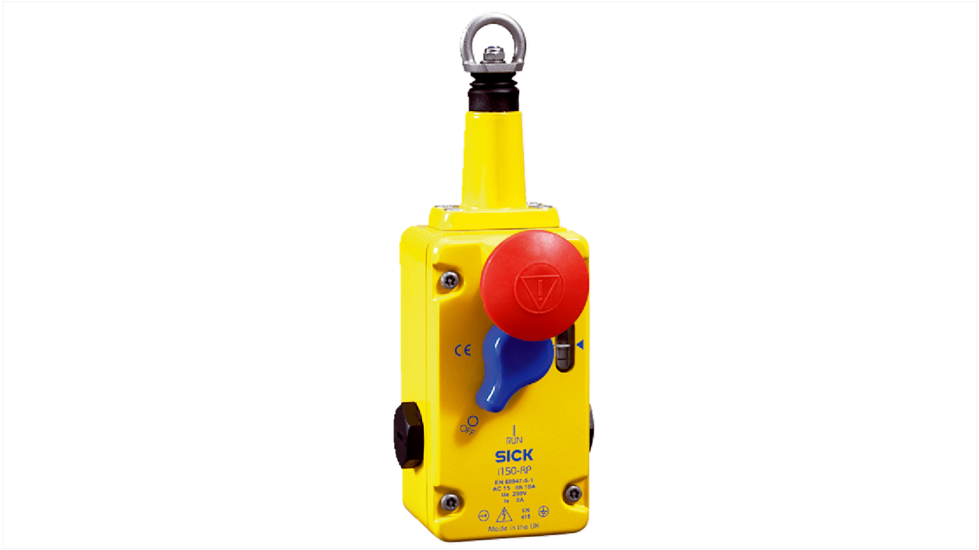 Interruttore a fune Sick i150-RP223, custodia metallica, lunghezza fune 75 m, protezione IP65, dimensioni 69 x 203 x 85 mm.