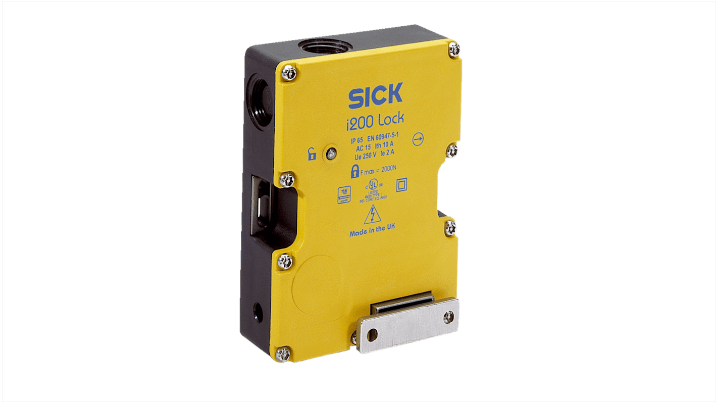 Interruttore di interblocco di sicurezza Sick i200-E0323, 1NA/1NC, alimentazione 240V, grado di protezione IP65, dimensioni 126 x 93 mm.