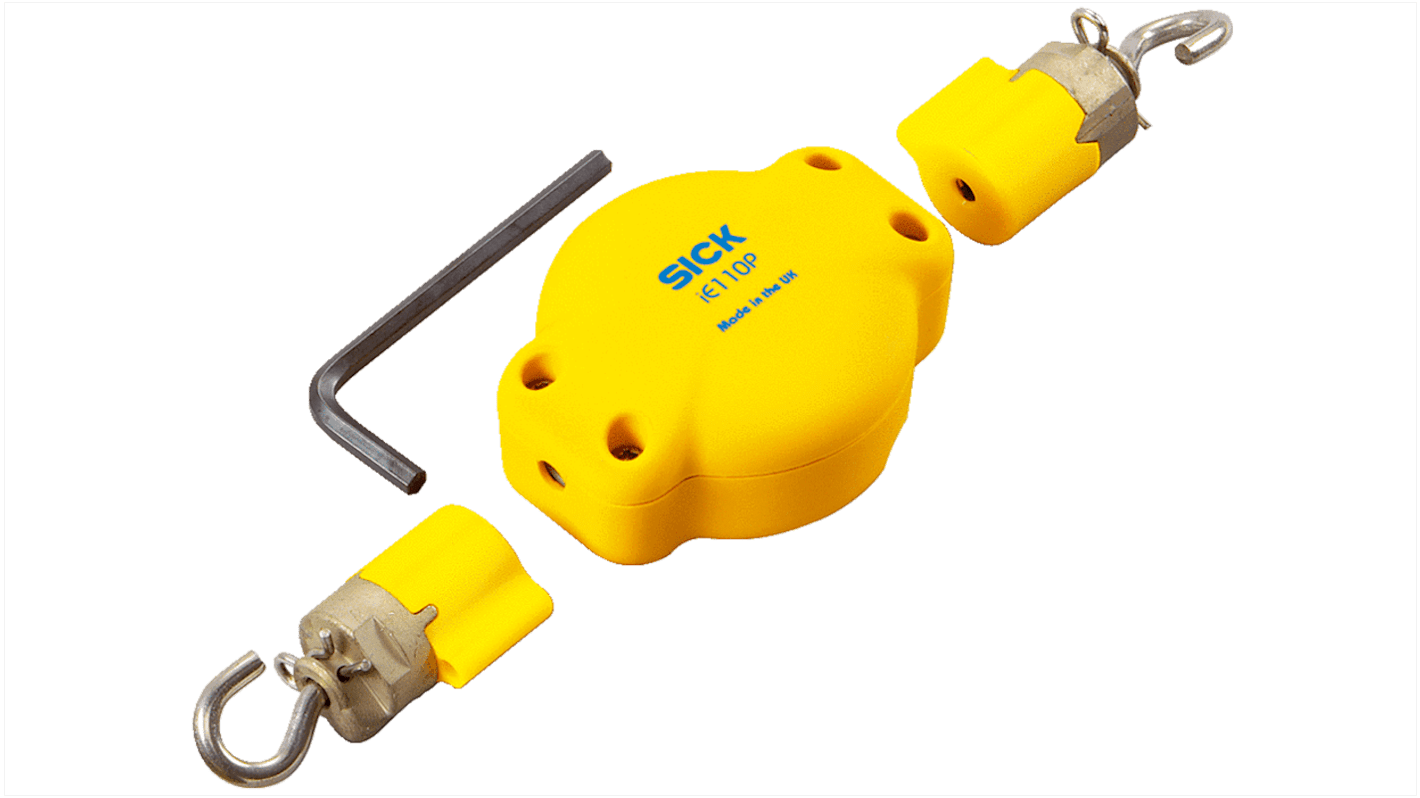 Interruttore a fune Sick iE110-PTR, dotato di rullo di tensione e morsetti per cavi, progettato per applicazioni industriali.