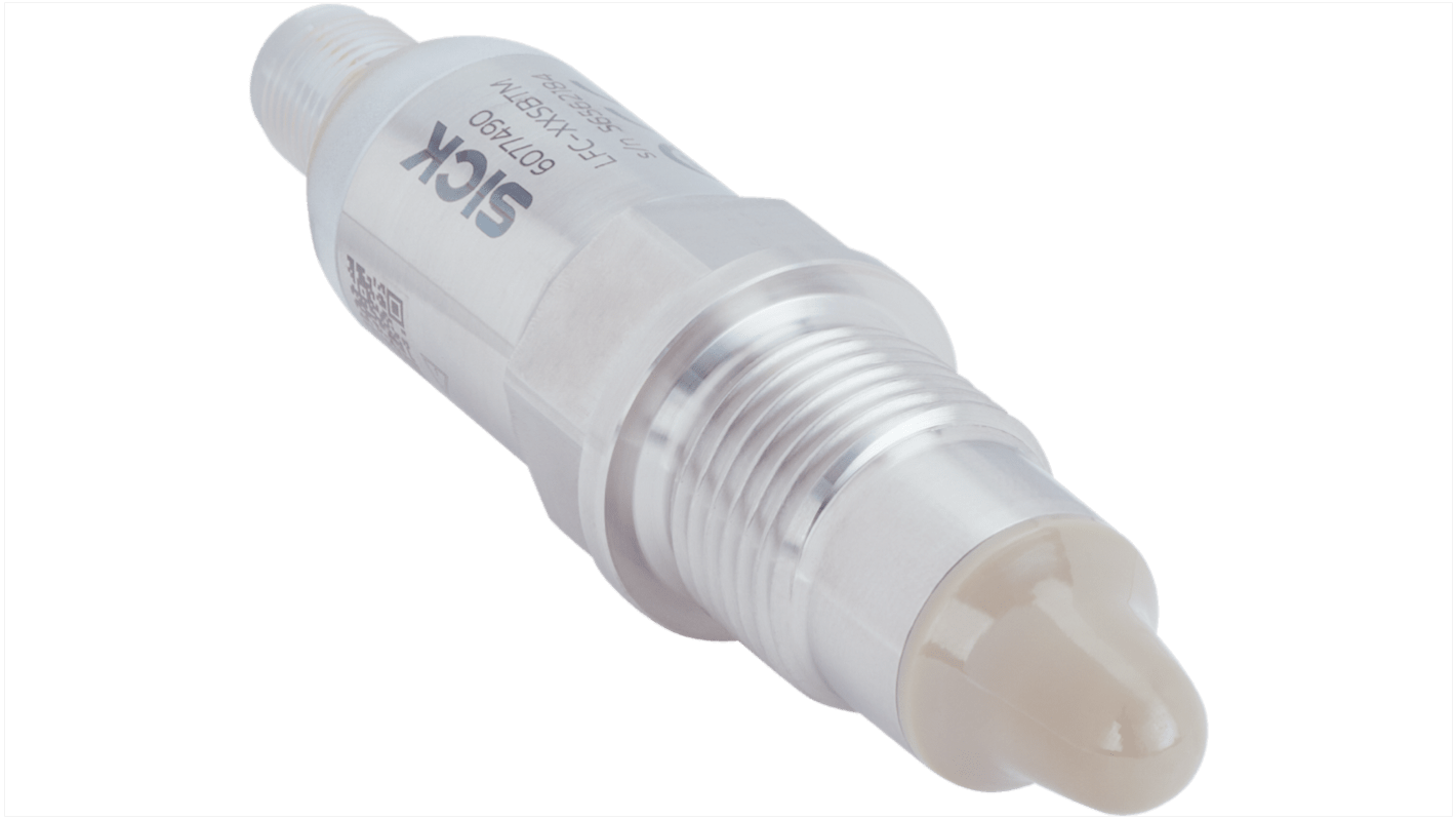 Sensore di livello capacitivo Sick LFC-XXSBTM in acciaio inox, uscita NPN/PNP, temperatura -20°C/+100°C, design igienico.
