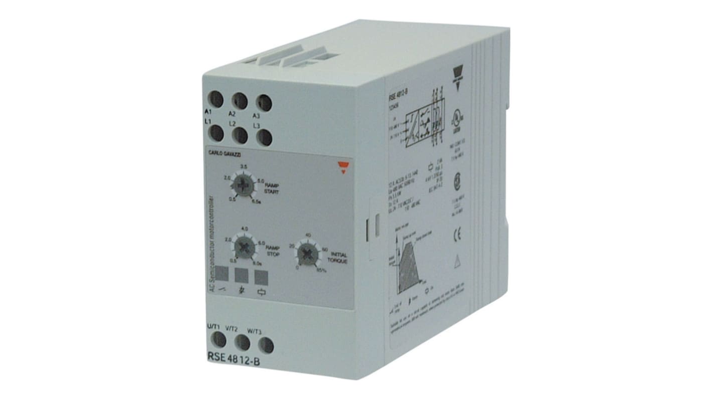 Starter trifase Carlo Gavazzi RSE4012-B, 5,5 kW, 400 V CA, 12 A, soft start/stop, protezione IP20.