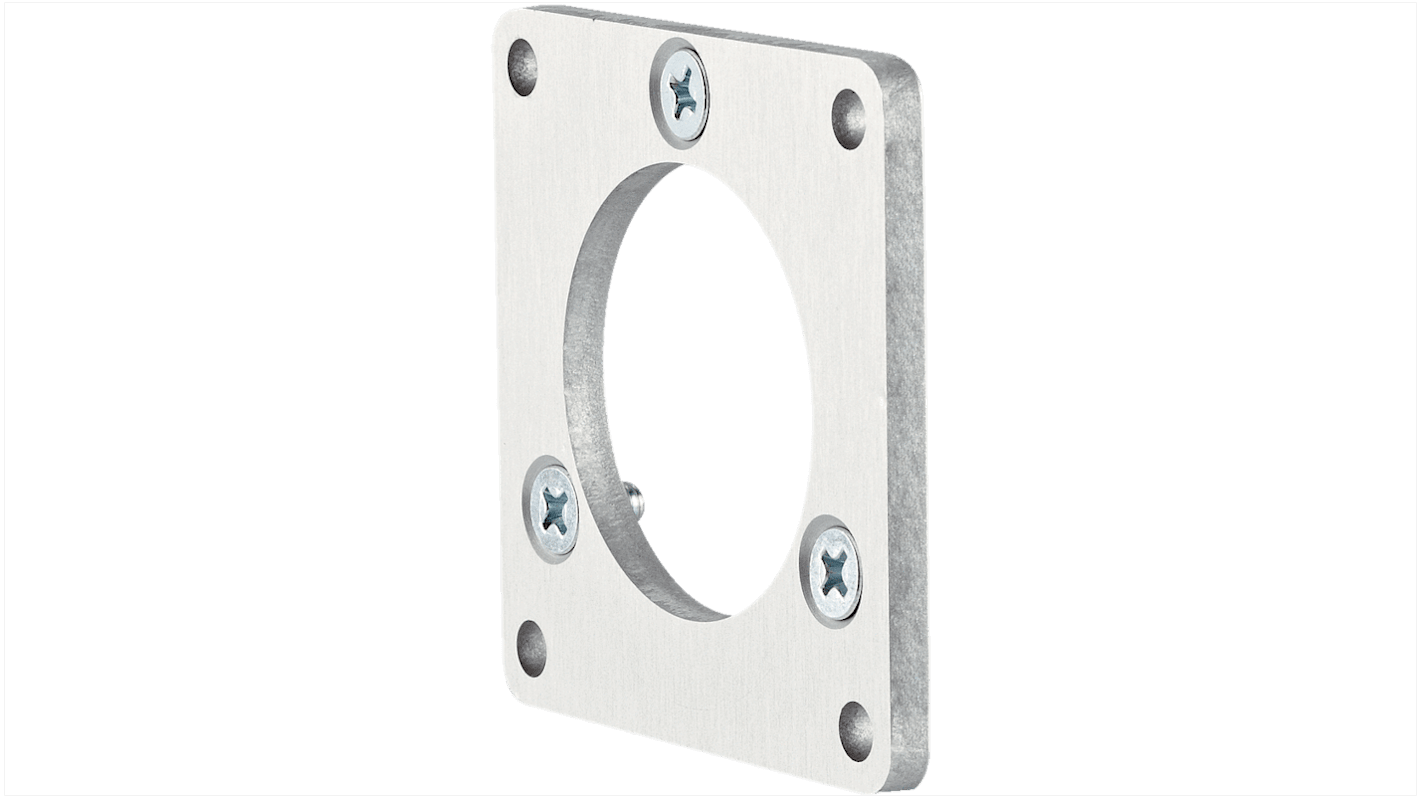 Piastra flangiata Sick BEF-FA-036-060REC in alluminio, per montaggio frontale con mozzo di centraggio da 36 mm su base quadrata da 60 mm. Include 3 viti M4 x 8.