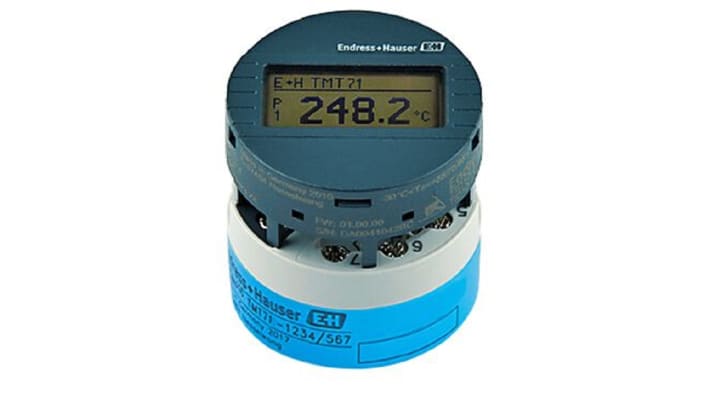 Trasmettitore di temperatura Endress+Hauser TMT71-AAA1AAAA1, programmabile, con uscita 4-20 mA e interfaccia Bluetooth.
