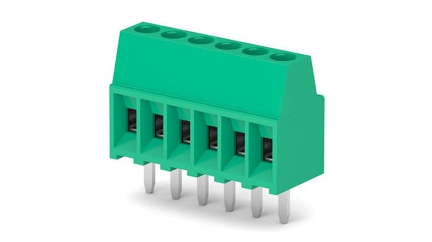 Molex 397730006, morsettiera maschio 6 vie per circuito stampato, montaggio verticale, passo 2.54mm, corrente 10A, tensione 150V.