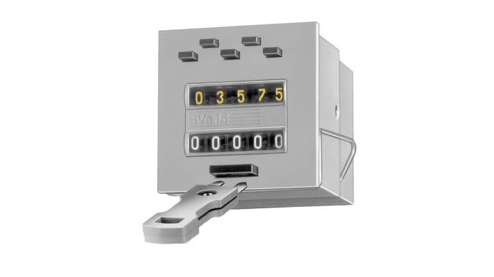 Contatore analogico Kübler 2100210066, 5 cifre, alimentazione 230 V, robusto, per ambienti industriali, frequenza max 18Hz.