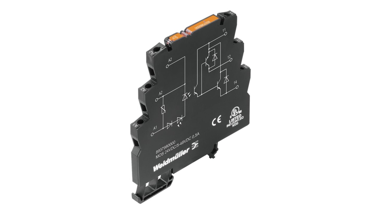 Weidmüller relè a stato solido montaggio a telaio, corrente massima 0,5 A, tensione 48 V, larghezza 6,1 mm.
