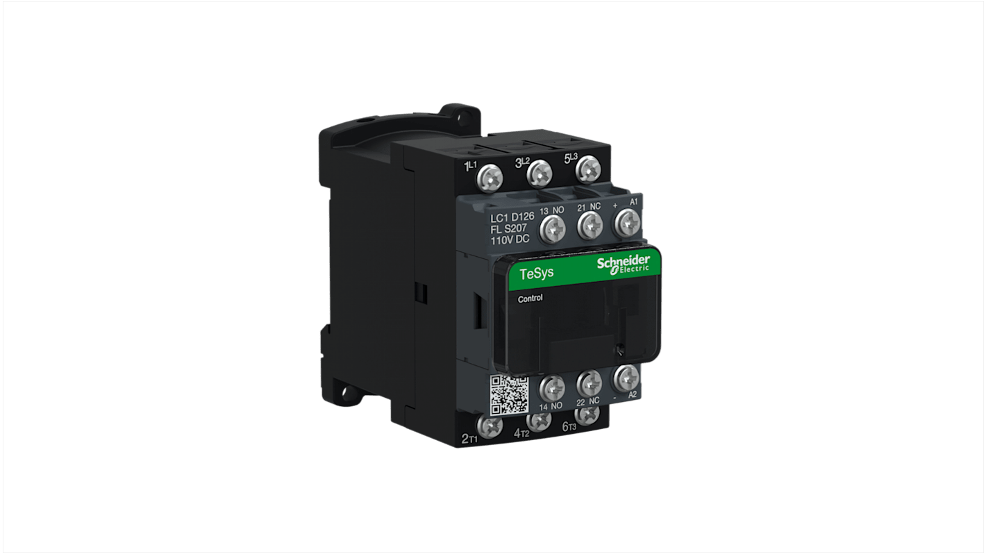 Contattore Schneider Electric LC1D126FLS207, 3 poli, 25 A, bobina 110 V c.c., per carichi resistivi e motori.