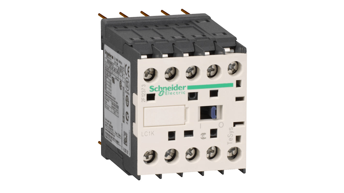 Contattore Schneider Electric LC1K12015JDS335, 3 poli, 12 A, 5,5 kW, bobina 12 V CC, 1 contatto NC, per carichi resistivi.