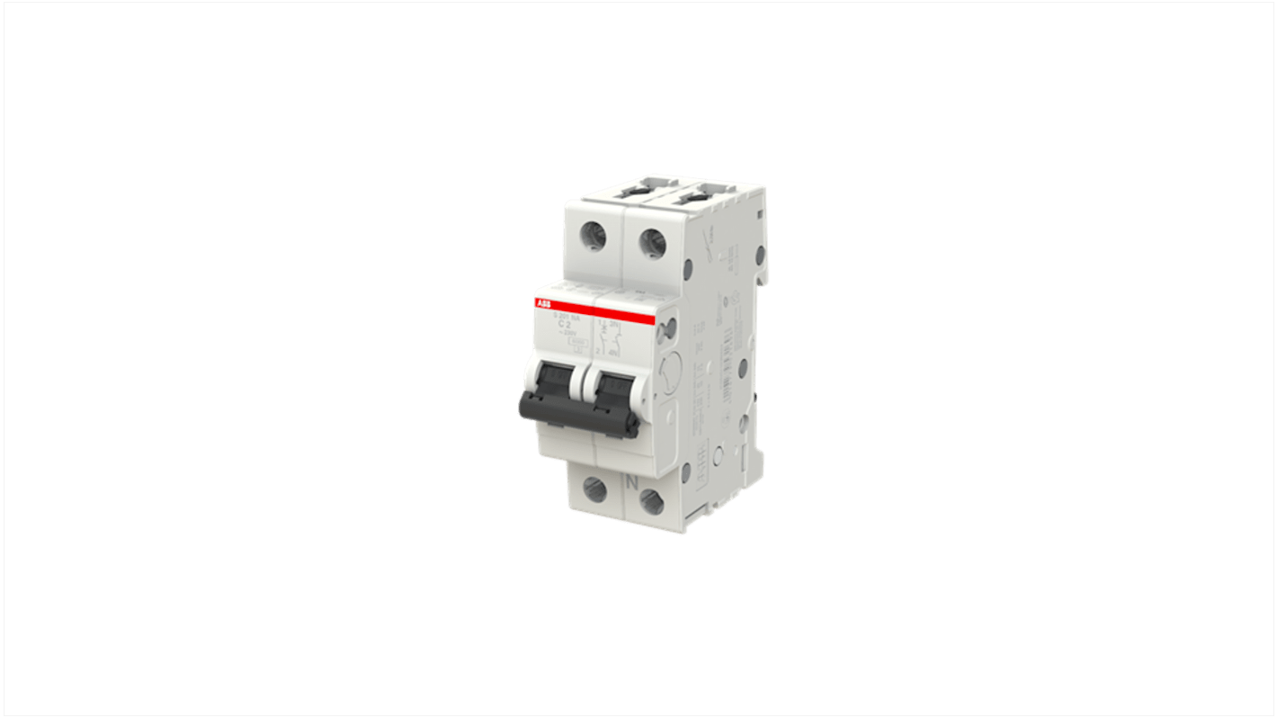 ABB interruttore automatico Tipo C, 2A, 230V AC, 10 kA, meccanismo termico ritardato, contatto ausiliario in basso.