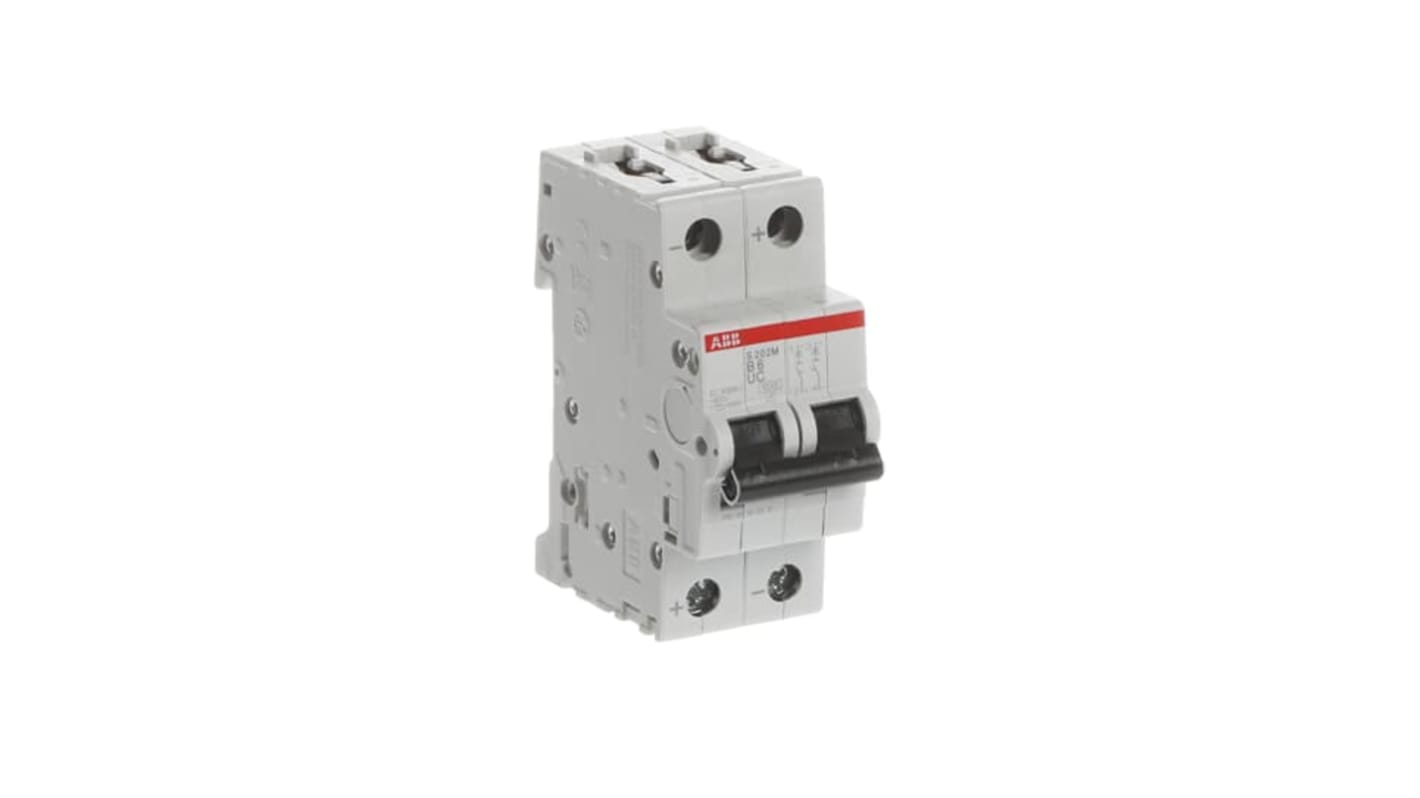 Interruttore automatico ABB Tipo B, 2 poli, 6A, 10 kA, tensione 440V c.a., 500V c.c., serie S202M, facile installazione.