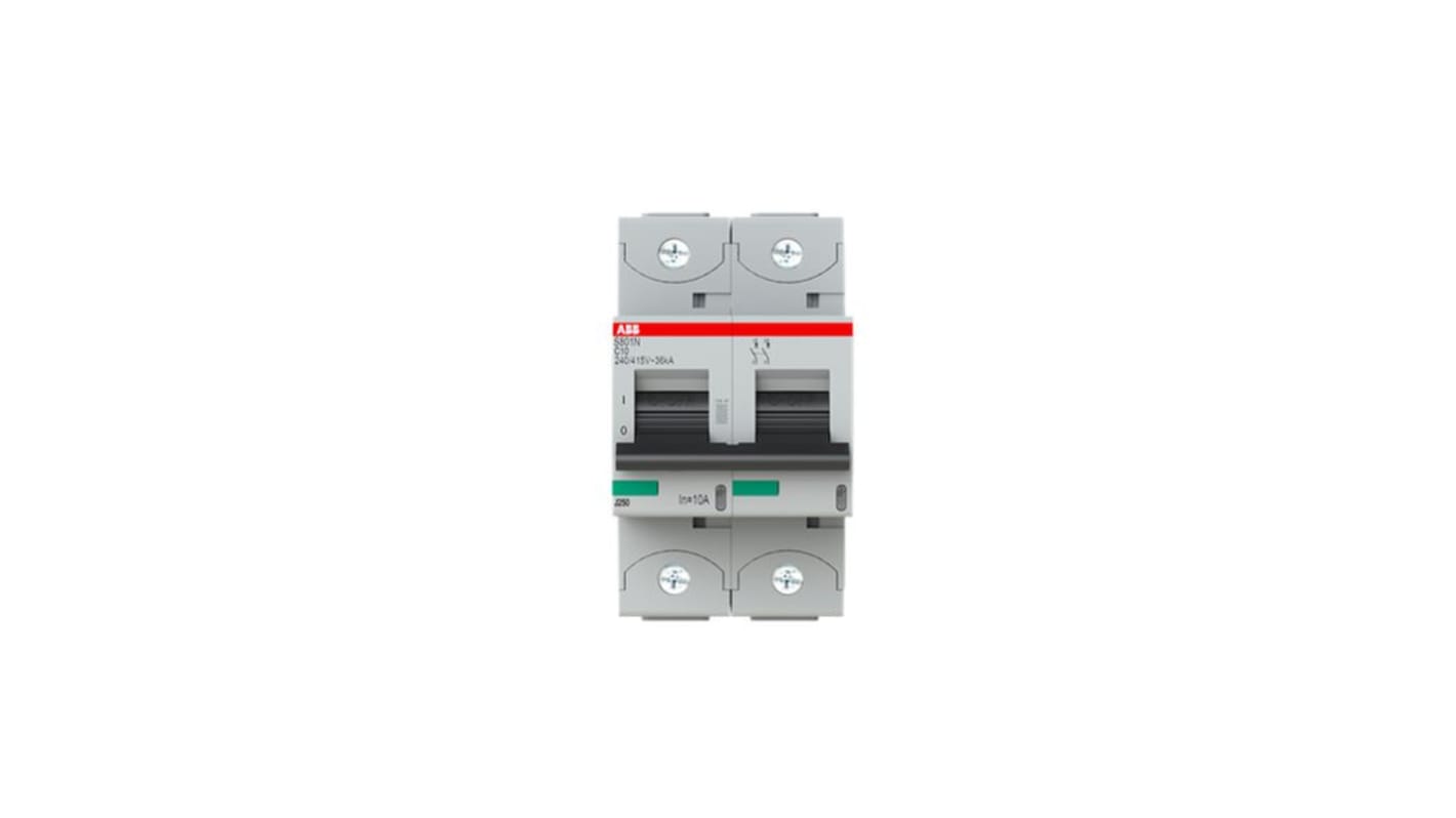 Interruttore automatico ABB Tipo C, 2 poli, 10A, 690V c.a., 250V c.c., serie S802, facile installazione e manutenzione.