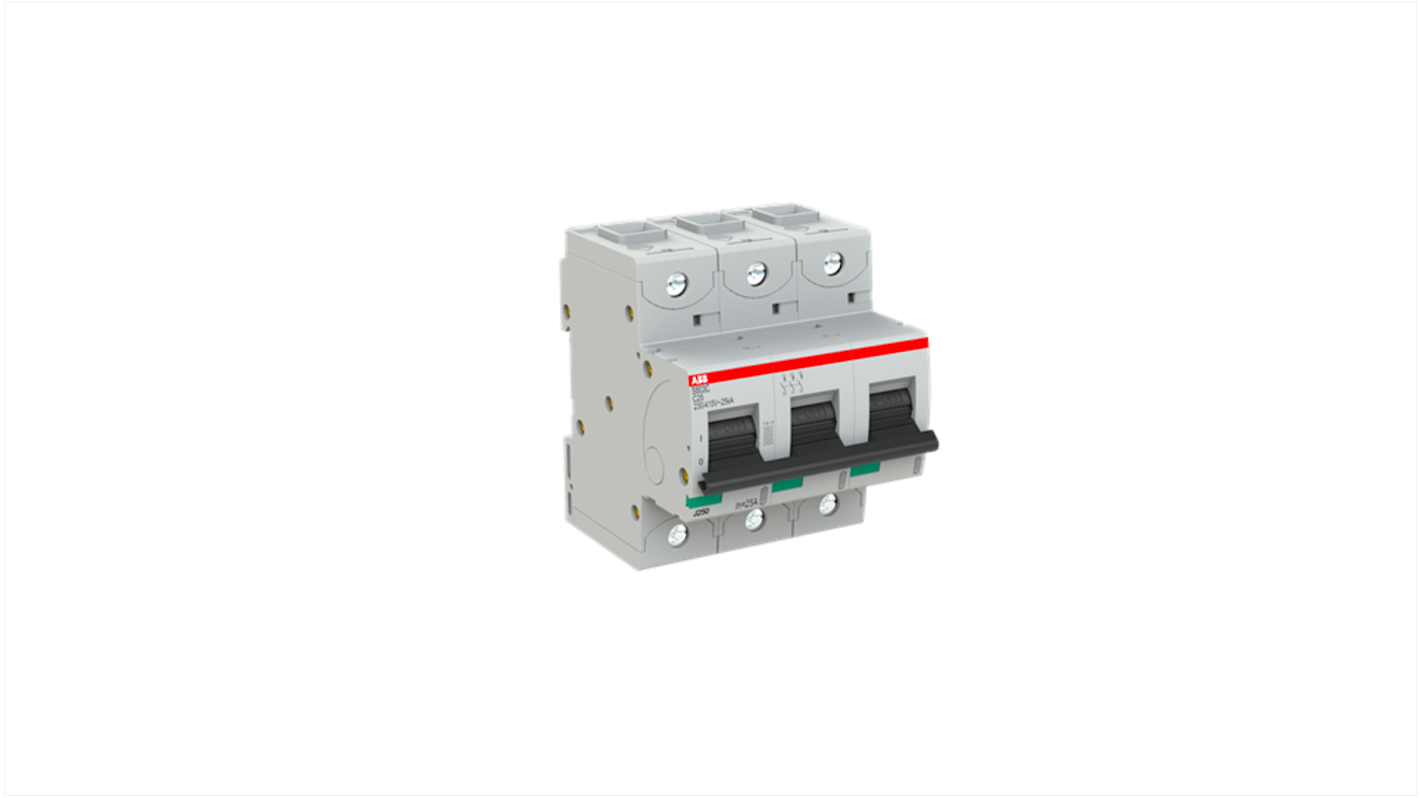 Interruttore automatico ABB 3 poli, 25A, Tipo C, tensione 440V c.a., 375V c.c., serie S803, design compatto e durevole.