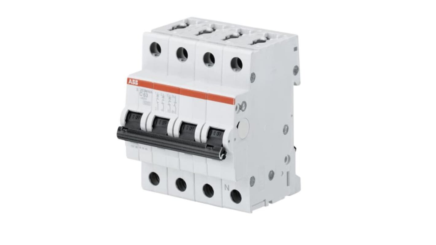 Interruttore automatico ABB 3+N, Tipo C, 16A, 15 kA, design compatto per un'efficace protezione elettrica.