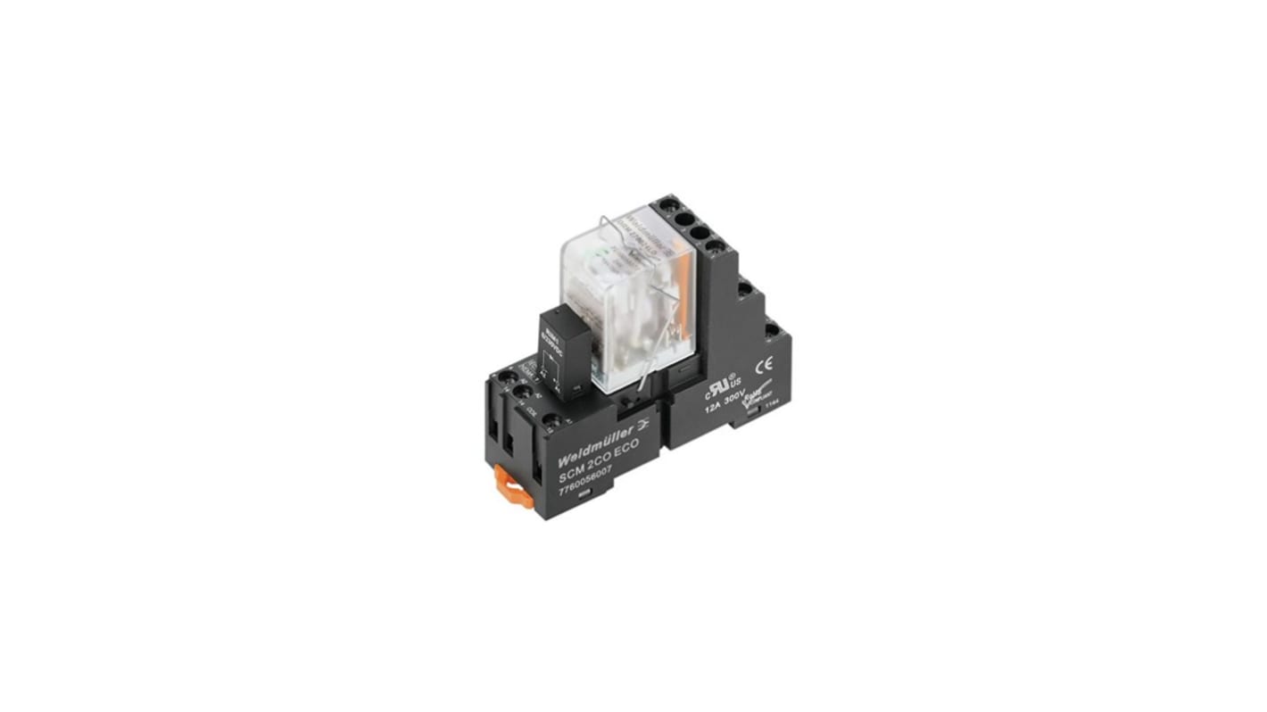 Weidmüller 1542360000, relè di potenza DPDT per guida DIN, 24V cc, 10A, con LED di stato e pulsante di prova.