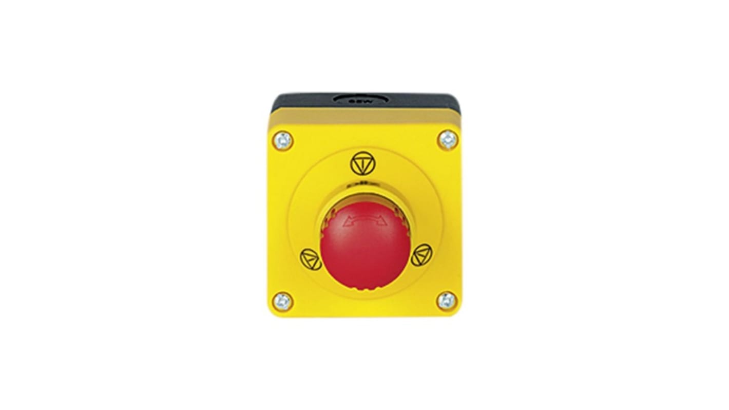 Pulsante di arresto di emergenza Pilz 400447, montaggio a parete, colore rosso, grado di protezione IP65, dimensioni 103x72x72 mm.