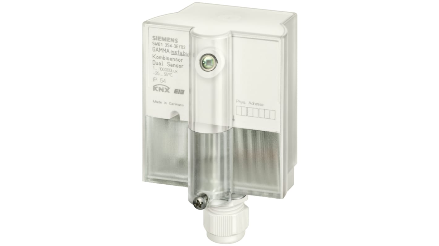 Siemens AP 254/02, doppio sensore KNX/EIB per misurazione luce e temperatura, montaggio superficiale, dimensioni 110mm x 72mm.