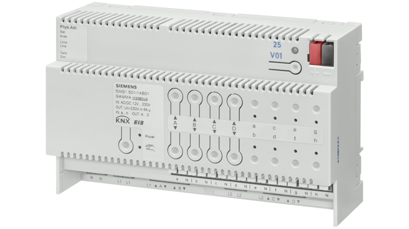 Siemens N 501/01, attuatore per tende solari con 4 canali, 8 uscite a relè, montaggio su guida DIN, alimentazione 230 V.