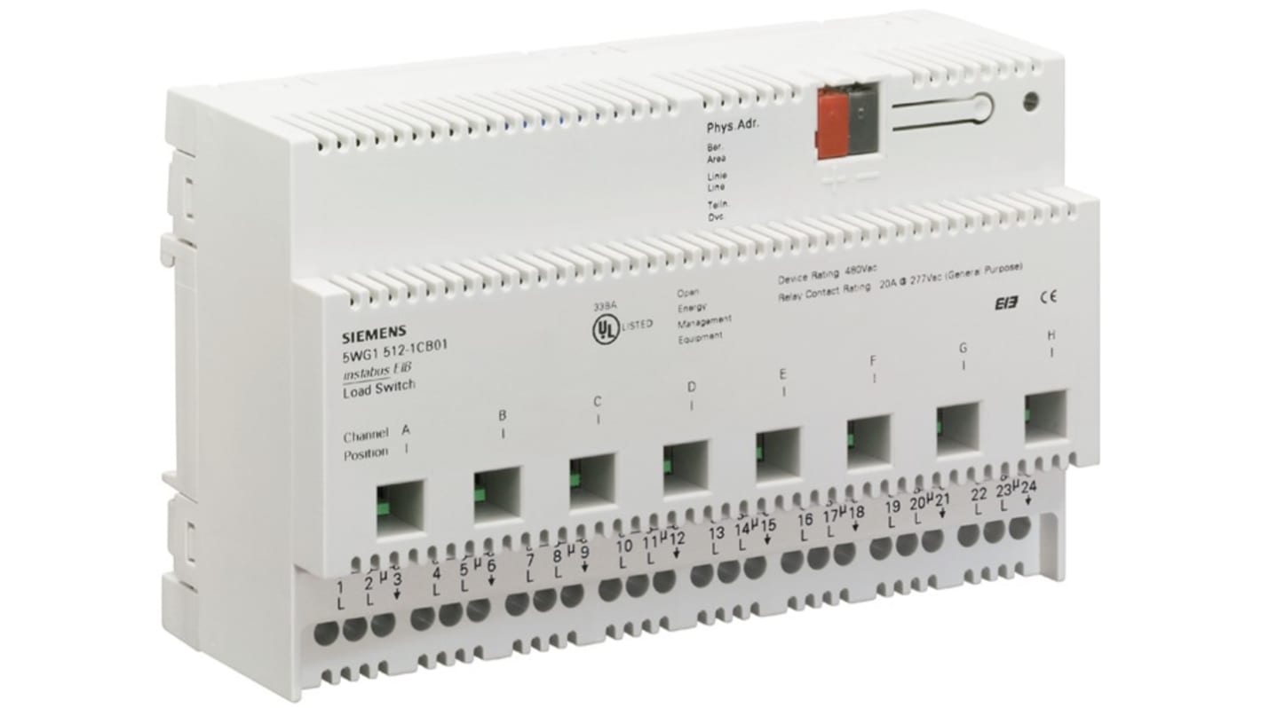 Siemens N 512C01, interruttore di carico per illuminazione Instabus EIB, 8 uscite 20A, montaggio su guida DIN, involucro in polimero.