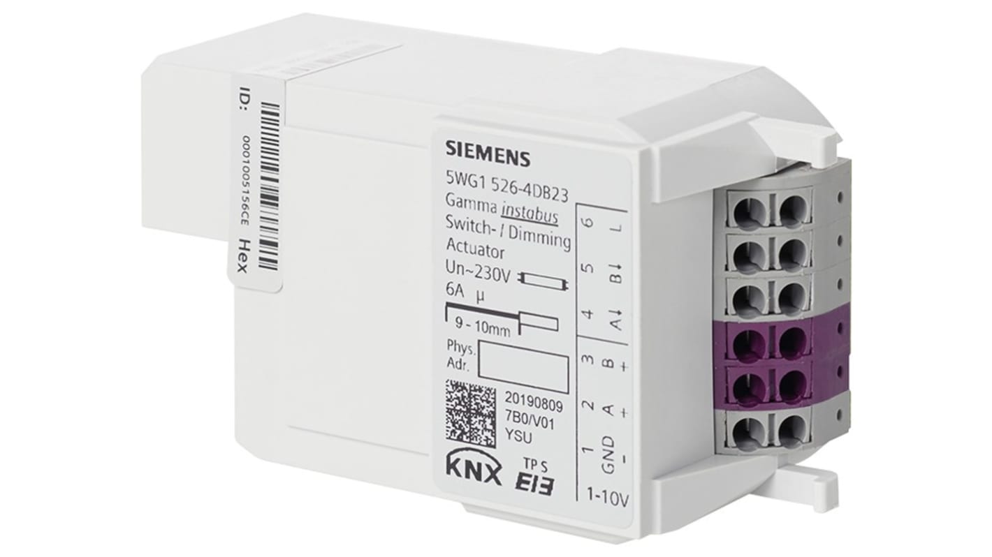 Adattatore Siemens RL 526D23 per automazione edifici, controlla alimentatori dimmerabili a 24 V c.c., installazione su guida DIN.