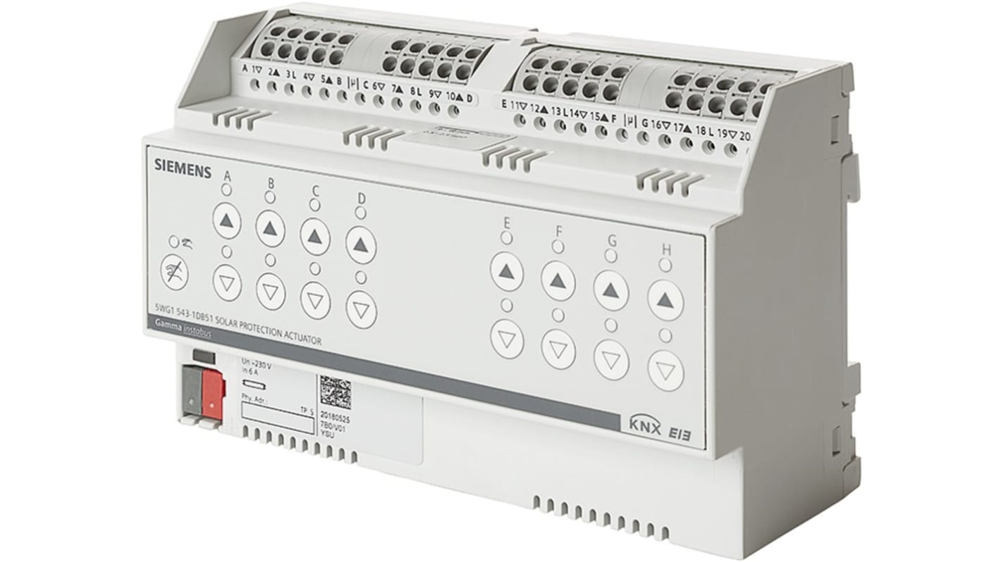 Siemens N 543D51, attuatore per protezione solare, 8 contatti relè, alimentazione 230 V AC, configurabile tramite KNX.
