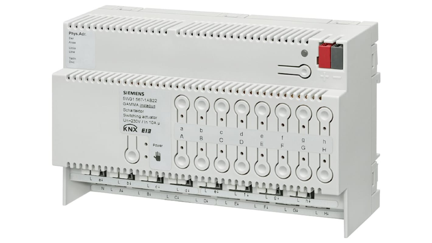 Siemens N 567/22, attuatore di commutazione su guida DIN con 16 uscite a relè e alimentatore 230 V integrato.
