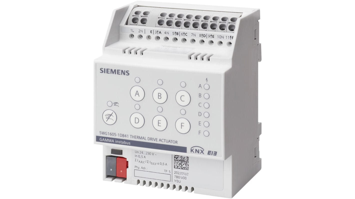 Adattatore Siemens N 605D41 per attuatori, 6 uscite a semiconduttore, compatibile con KNX, display LED per stato e errori.