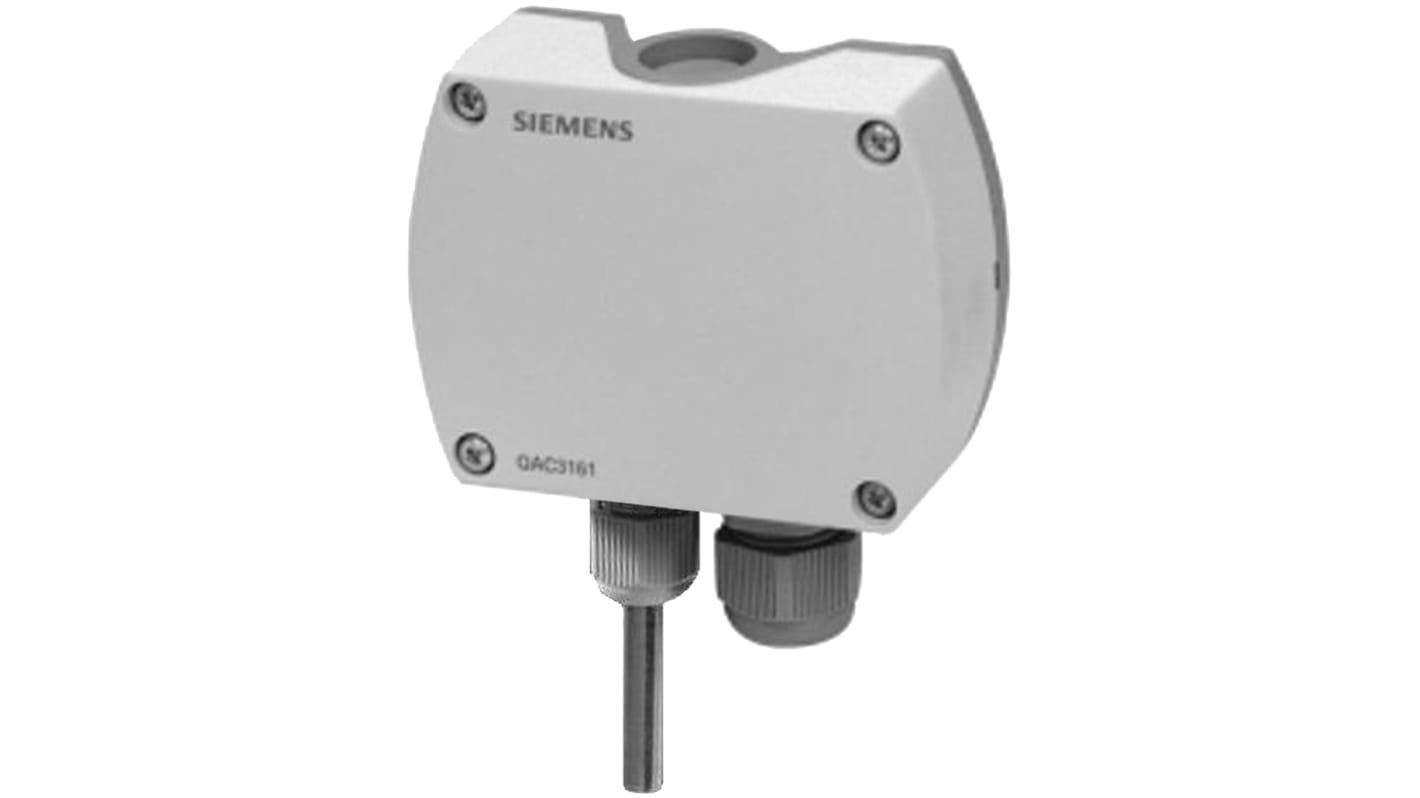Sensore di temperatura esterna Siemens QAC3161, montaggio a parete, dimensioni 88x80 mm, rilevamento preciso e reazione in tempo reale.