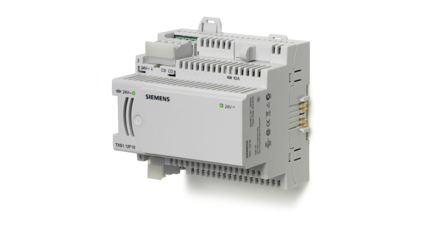 Alimentatore Siemens TXS1.12F10 per moduli TX-I/O, ingresso 24 V CA, uscita 24 V CC, corrente 1,2 A, installazione DIN compatta.