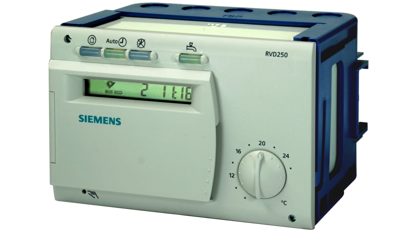 Controller Siemens RVD250-A per il controllo della temperatura, con 2 ingressi analogici e digitali, 11 uscite digitali.