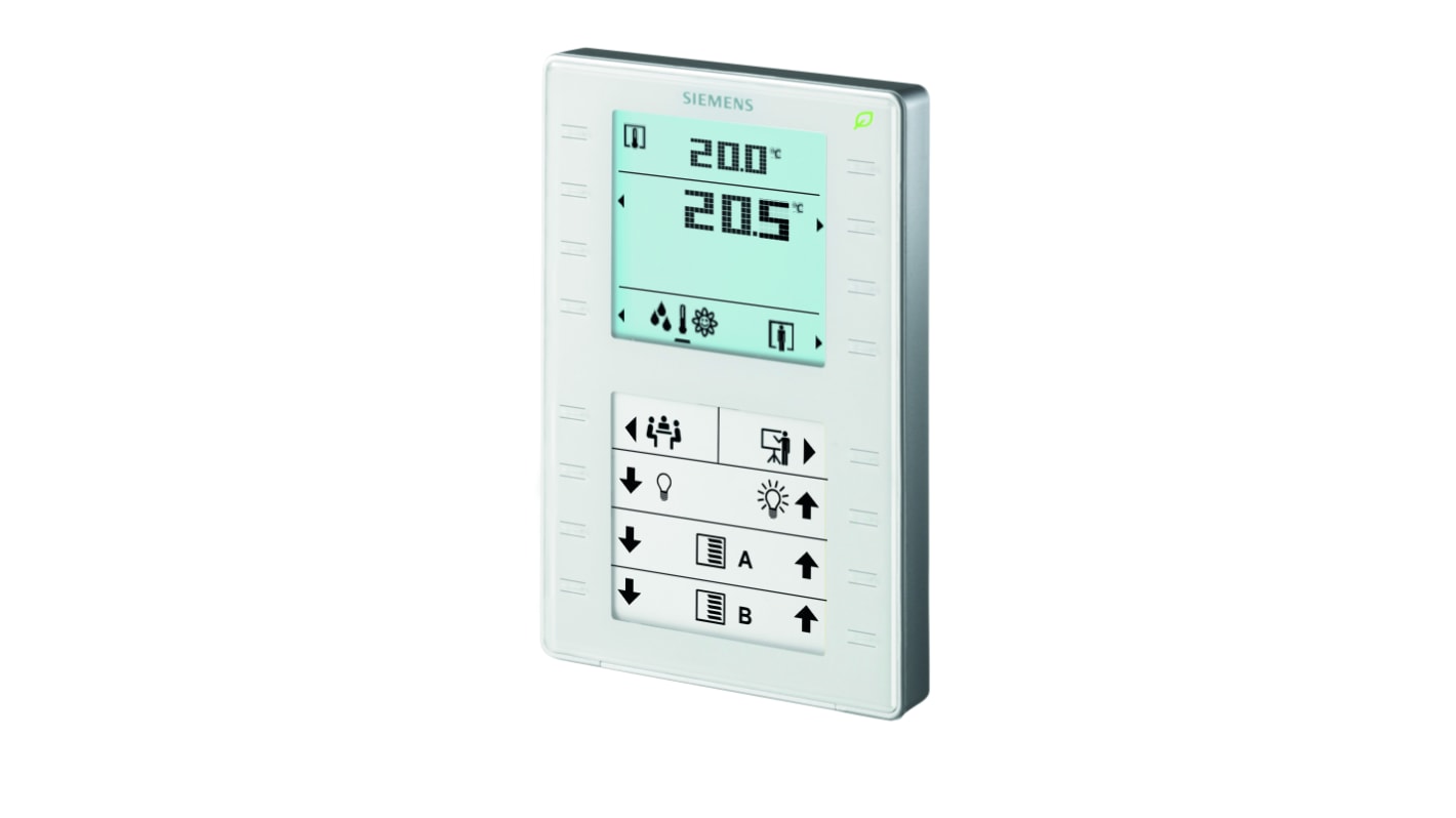 Siemens QMX3.P37, sensore ambiente con display LCD retroilluminato, gestione energetica Green Leaf, dimensioni 133.4mm x 88.4mm.