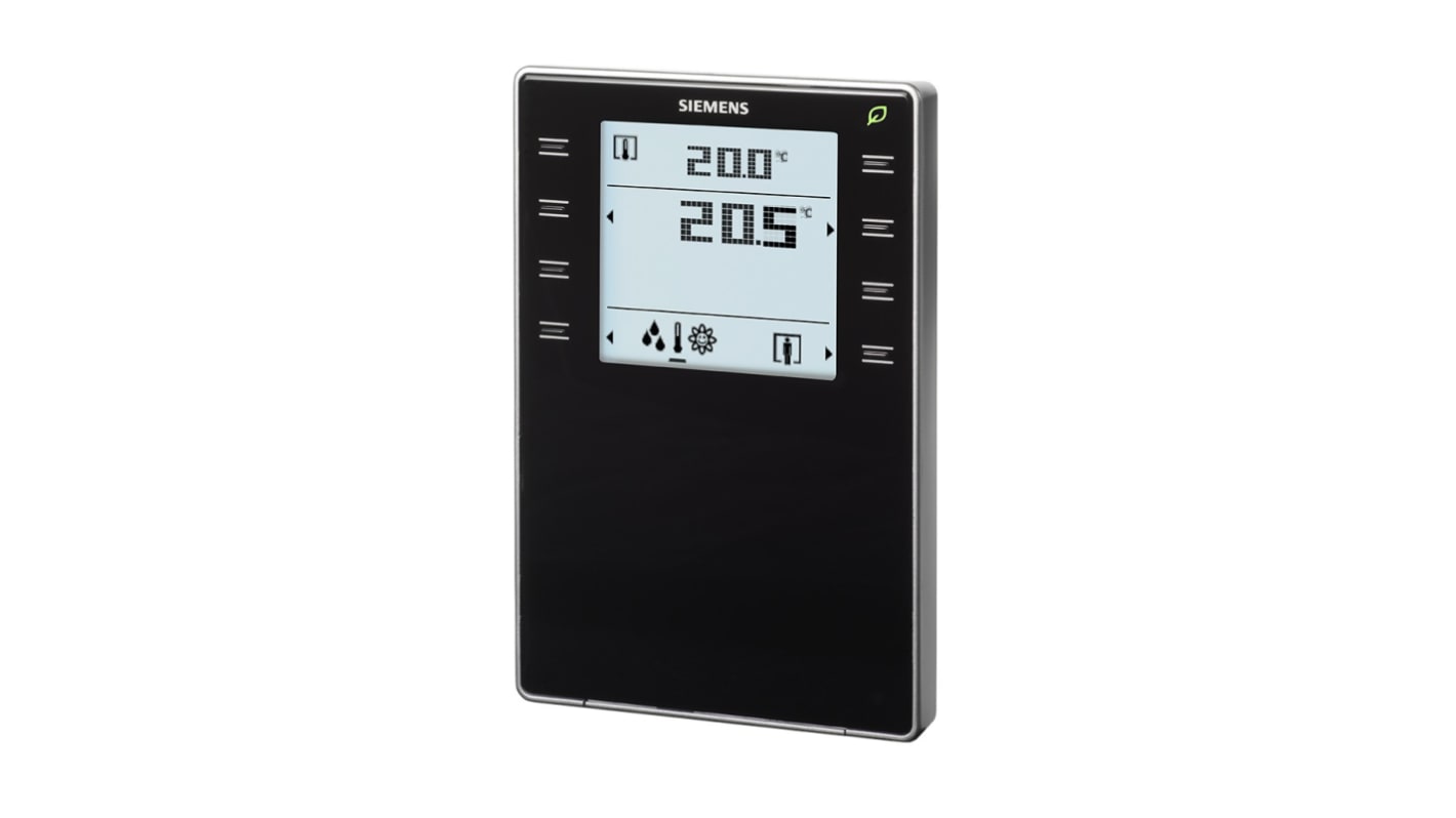 Sensore ambiente Siemens QMX3.P34-1BSC con display LCD, rilevamento temperatura, umidità e CO2. Dimensioni 133,4 mm x 88,4 mm.