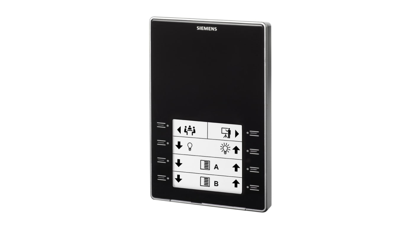 Unità operatore di sala Siemens QMX3.P02-1BSC, con display e tasti a sfioramento, rilevamento temperatura 0-50°C. Dimensioni: 133.4x88.4mm.