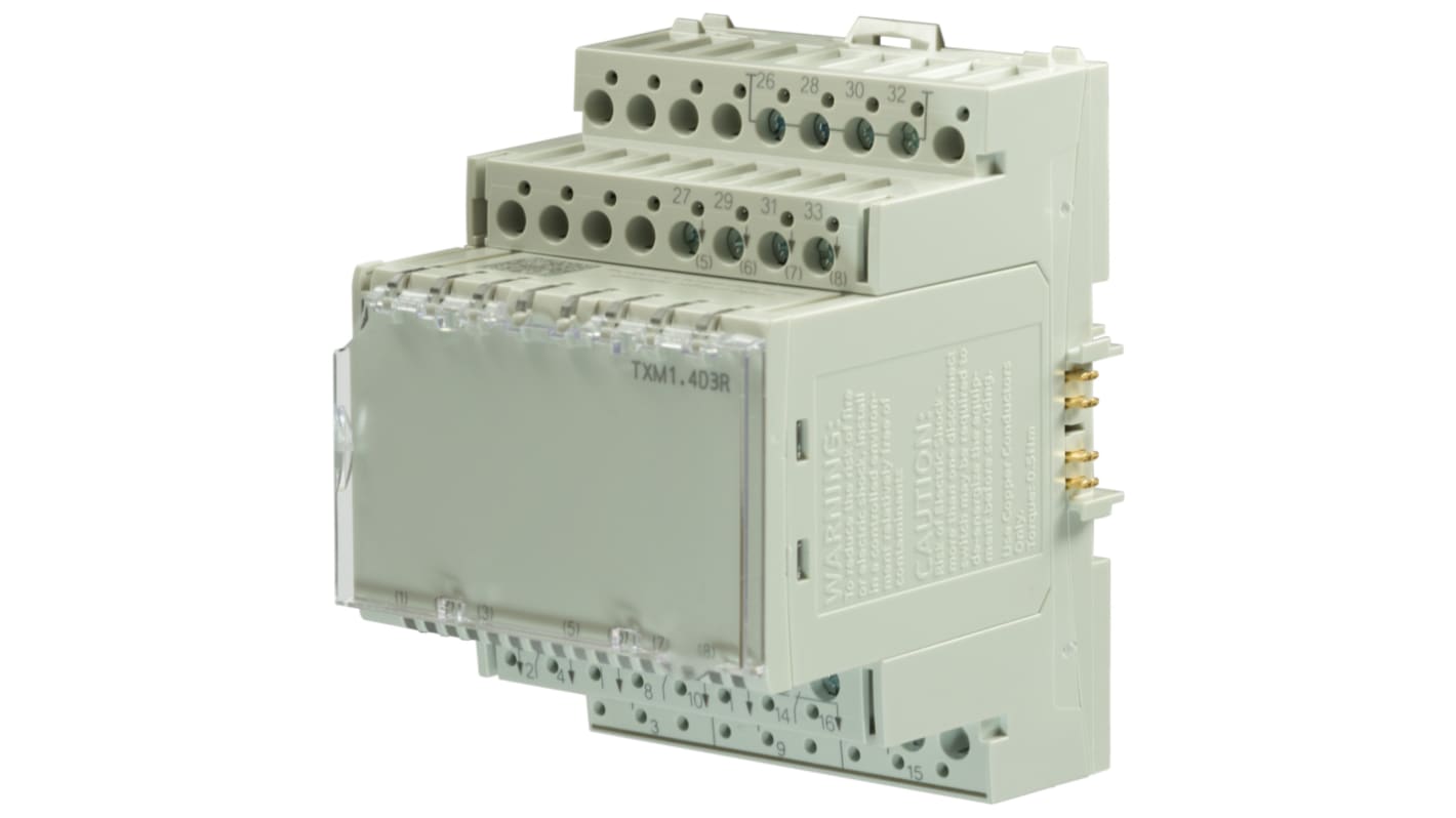 Modulo I/O Siemens TXM1.4D3R per automazione edifici, 4 ingressi digitali, 3 uscite relè, alimentazione 24 V c.c.