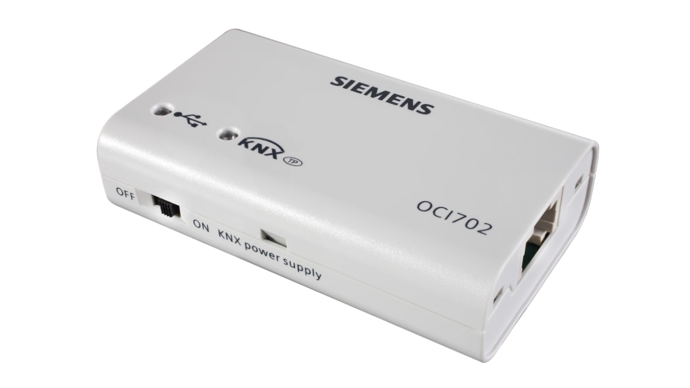 Interfaccia di comunicazione Siemens OCI702 USB-KNX per accesso a rete KNX, con connettori USB e RJ45, alimentazione 29 V.