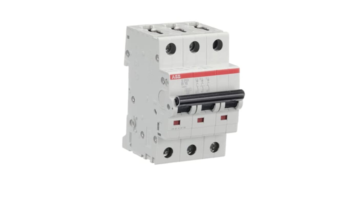 Interruttore magnetotermico ABB 3 poli, 16 A, Tipo B, per applicazioni residenziali e industriali, capacità di rottura 20 kA.