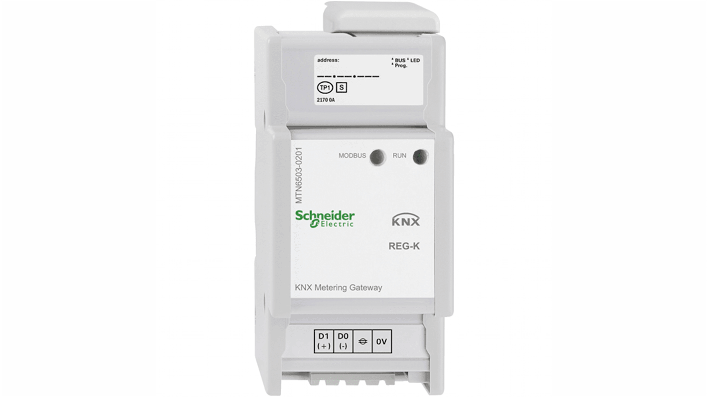 Gateway di misurazione Modbus Schneider Electric MTN6503-0201, compatibile con KNX, per misurazioni di energia in spazi ridotti.
