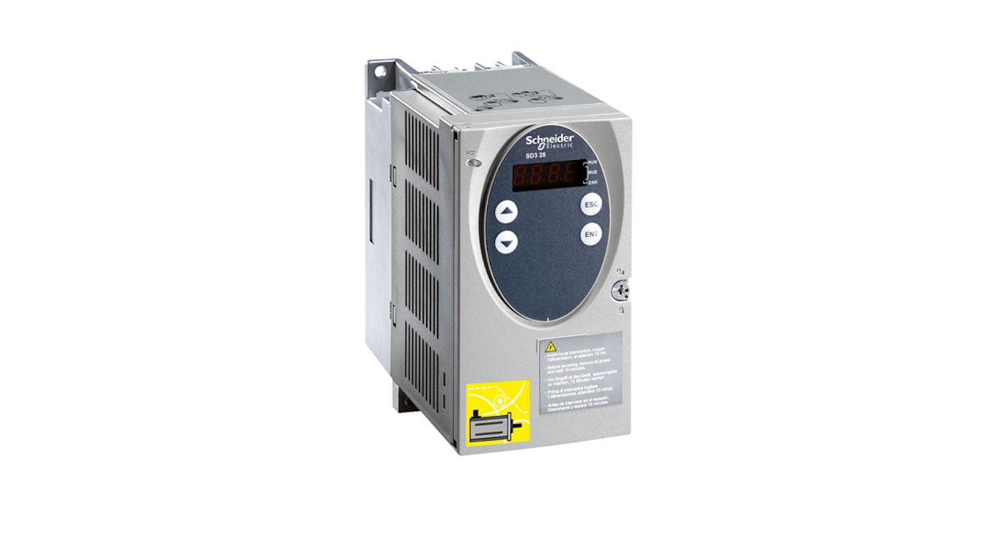 Motore passo passo angolare Schneider Electric SD328AU25S2, tensione 100-240 V, corrente massima 2,5 A, interfacce CANopen e Modbus.