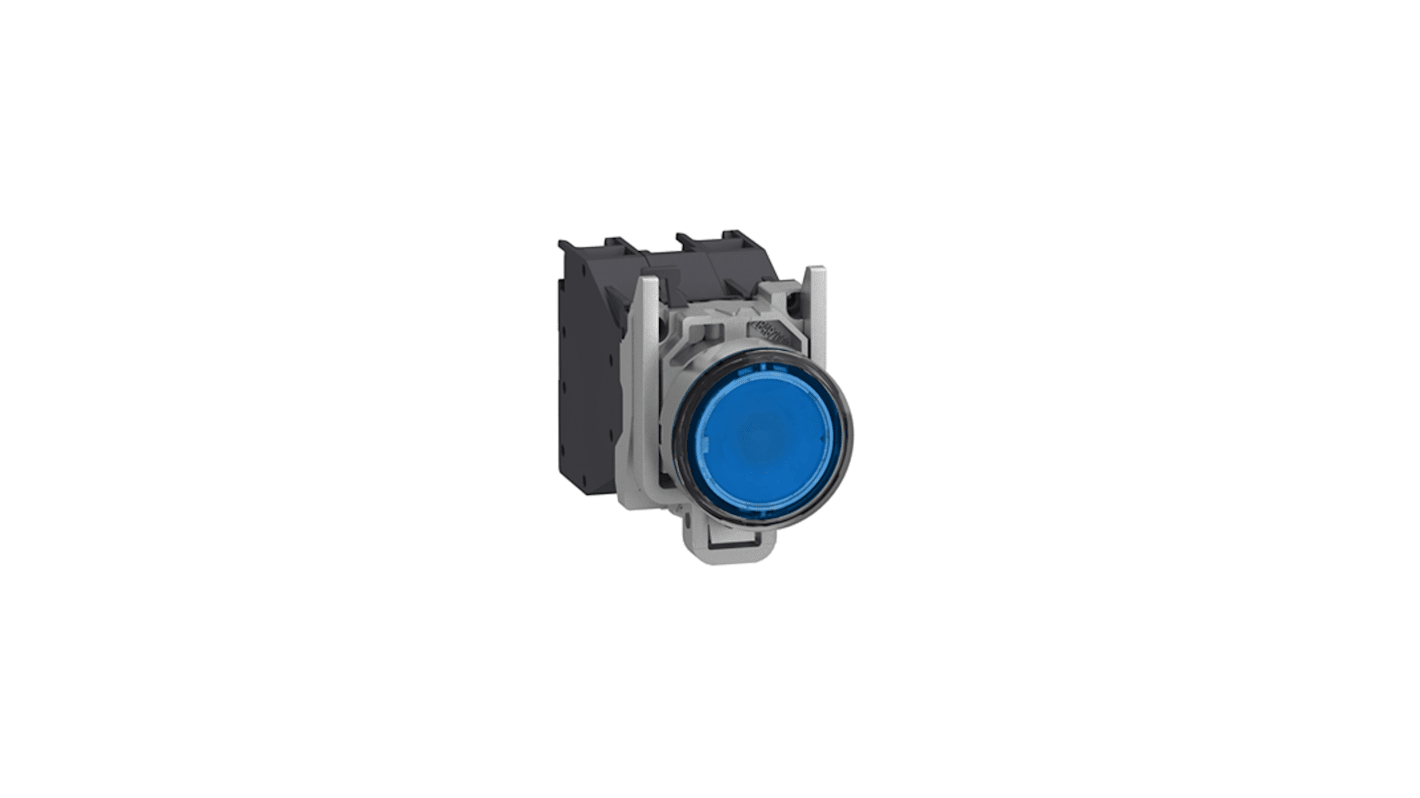 Pulsante luminoso a ritorno a molla Schneider Electric, IP66, montaggio a pannello, diametro 22.5mm, LED blu, 1NO, codice XB4BP683BM5GEX.