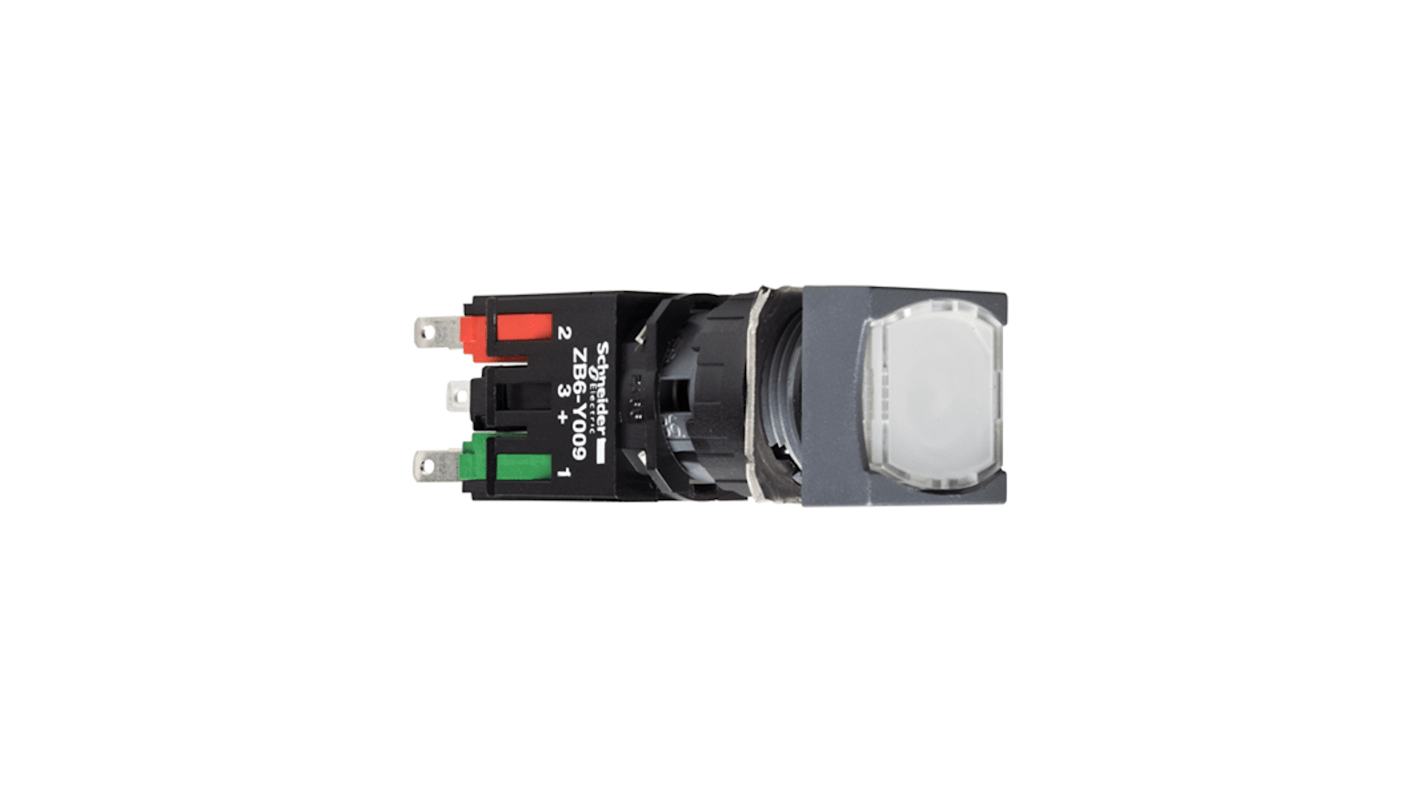 Pulsante luminoso Schneider Electric XB6CW1B5B, design quadrato bianco, 16 mm di diametro, 12-24 V, IP65, contatti in lega d'argento.