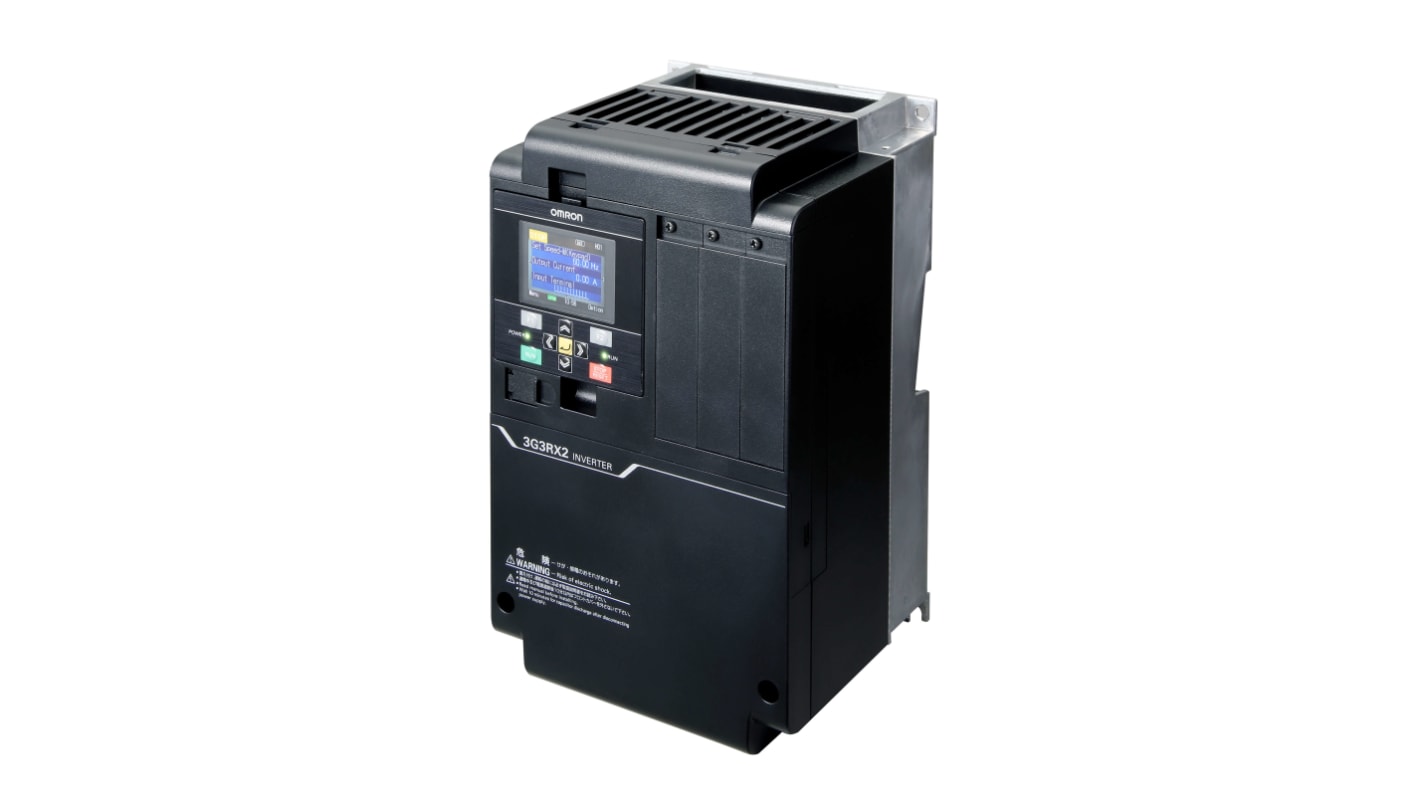 Inverter trifase Omron 3G3RX2-A4110, potenza 11 kW, tensione 400 V, corrente nominale 31 A, grado di protezione IP20.