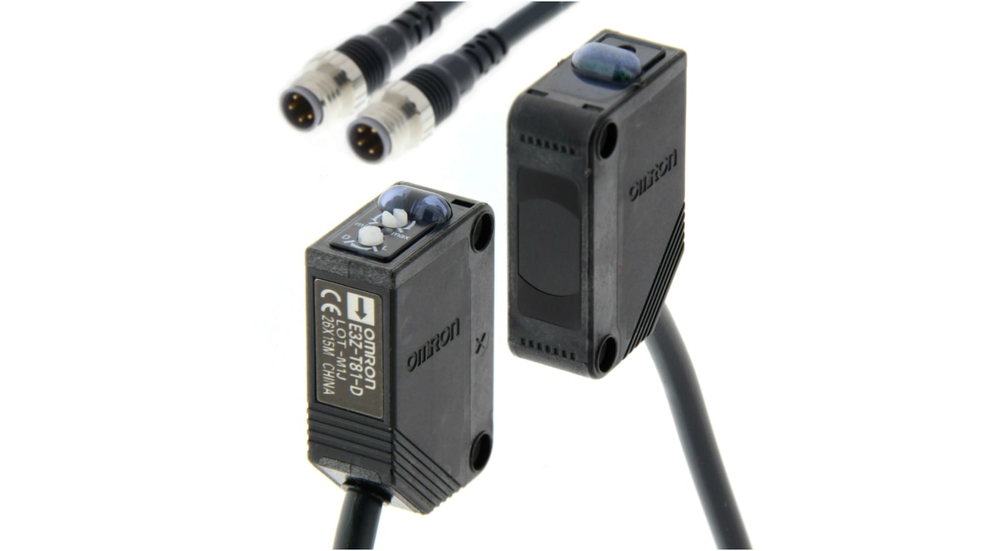 Sensore fotoelettrico rettangolare Omron E3Z-T81-M3J 0.3M, rilevamento fino a 15000 mm, uscita PNP, connettore M8.