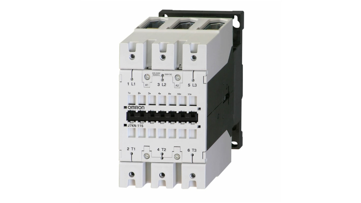 Contattore 3 poli Omron J7KN-115 230, corrente 115 A, potenza 55 kW, montaggio su guida DIN, conforme a IEC 947-4-1.