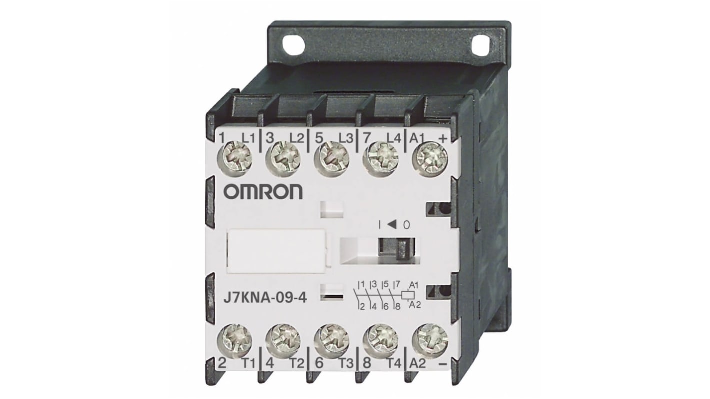 Contattore Omron J7KNA-09-4 24, 4 poli, 9 A, bobina 24 V c.a., montaggio su guida DIN, contatti ausiliari integrati.
