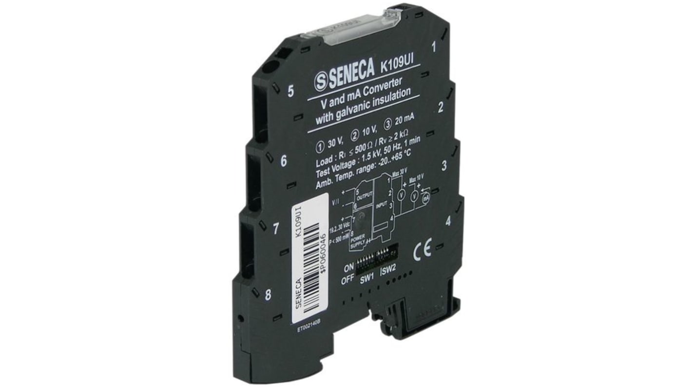 Convertitore di corrente/tensione CC Seneca K109UI con isolamento galvanico, risoluzione 14 bit e precisione dello 0,1% - Ideale per spazi ristretti.