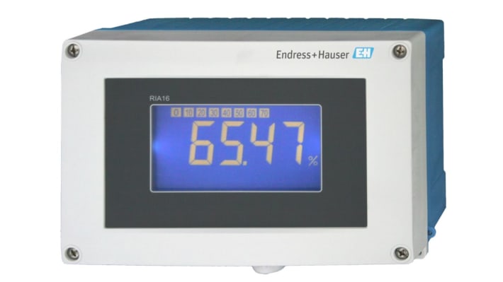 Endress+Hauser RIA16-BA2A, indicatore di processo con display LCD retroilluminato, alimentazione 4-20 mA, dimensioni 96 mm.