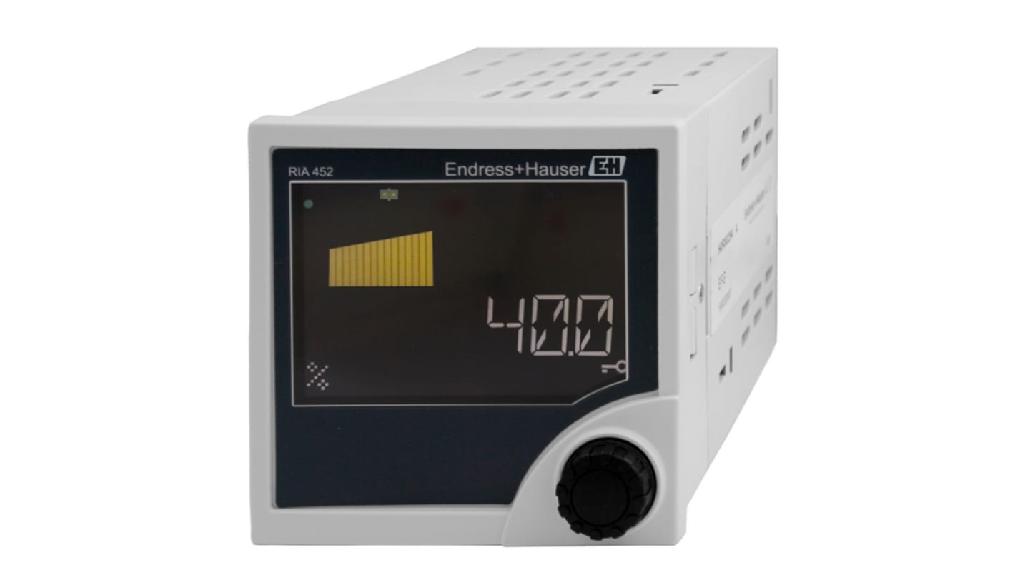 Endress+Hauser RIA452-A114A11A, indicatore di processo con display LCD 7 cifre, 8 relè programmabili, dimensioni 92x92x145 mm.