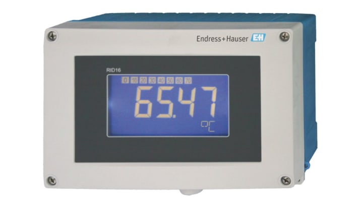 Endress+Hauser RID16-AA1A2, indicatore di processo 8 canali con display LCD retroilluminato, profondità 96 mm. Supporta Fieldbus e PROFIBUS.