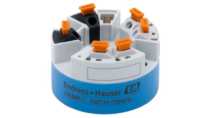 Trasmettitore di temperatura Endress+Hauser TMT31-1LK7/142, ingresso PT100, uscita 4-20 mA, range -200°C a 850°C.
